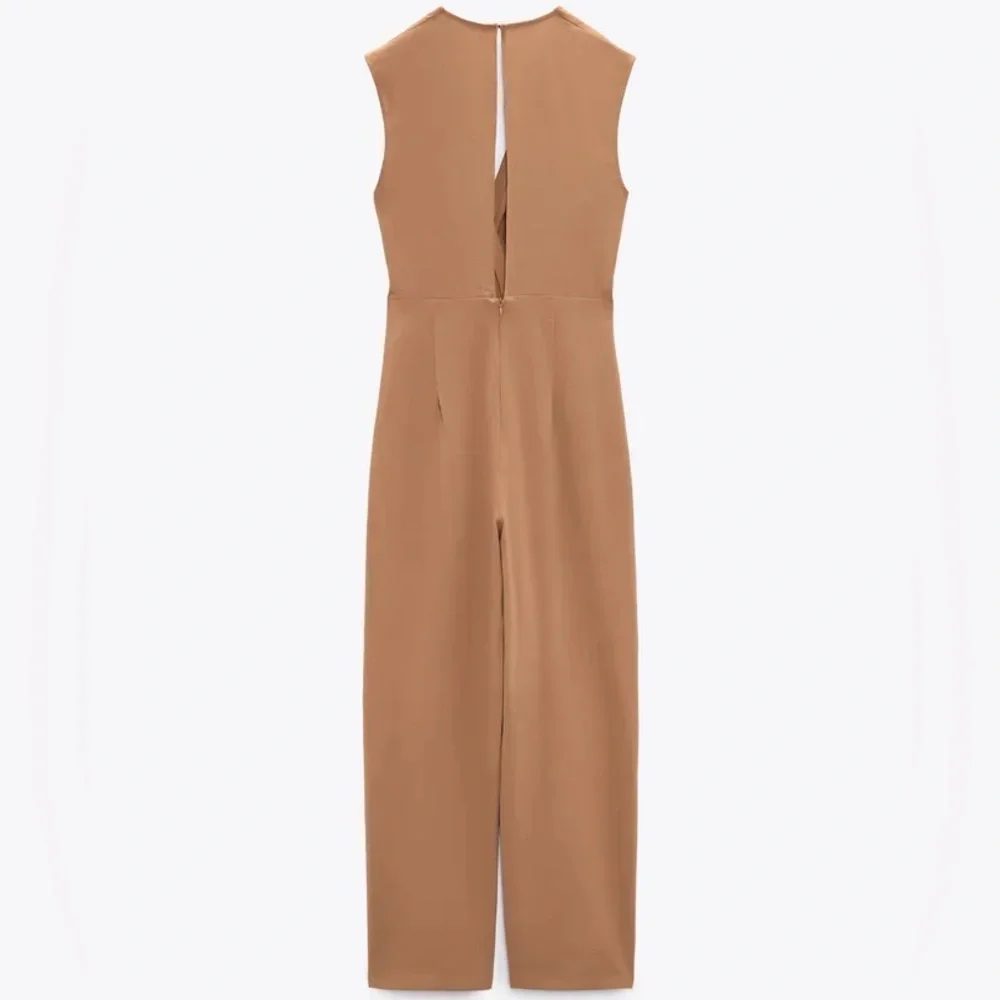 Zara NWT beige tan wrap O ring tie open back cutout jumpsuit